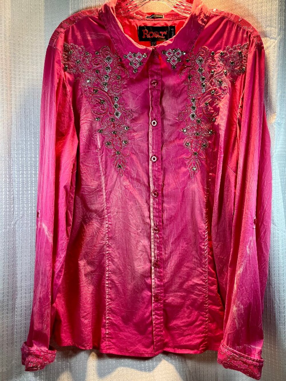 Vintage Roar Hot Pink Western Shirt Embroidered with Rhinestones size XXL